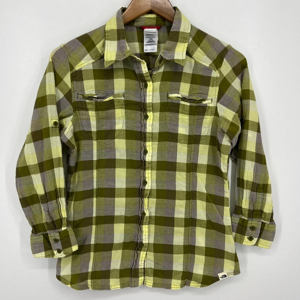 The North Face Long Sleeve Button Shirt Women's M Green Plaid Lightweight Cotton